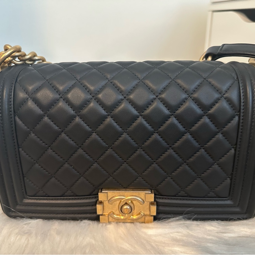 Chanel Medium Black Caviar Leather Boy Bag with Gold Hardware